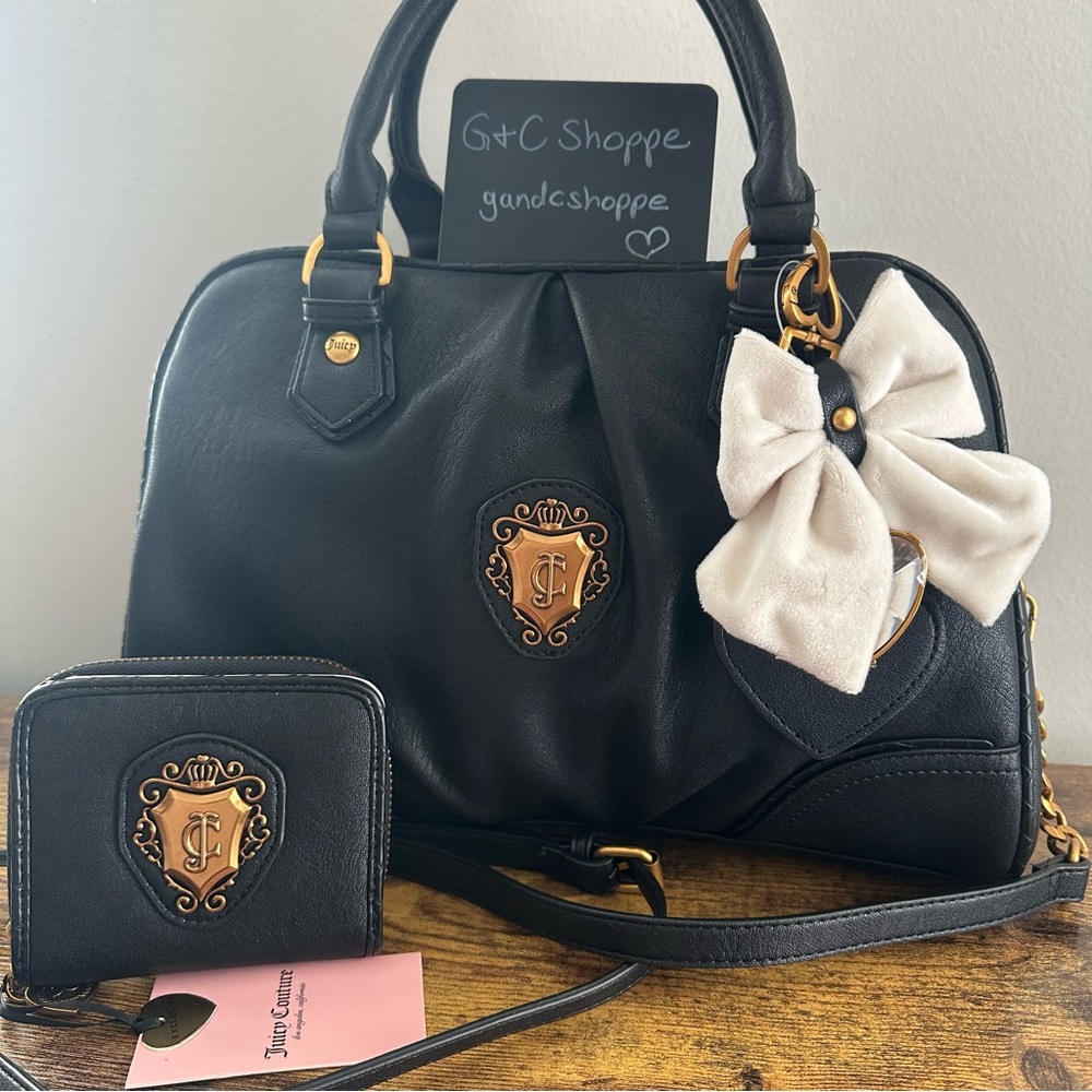 New Juicy Couture Romance Satchel Crossbody Wallet Set Liquorice Black White